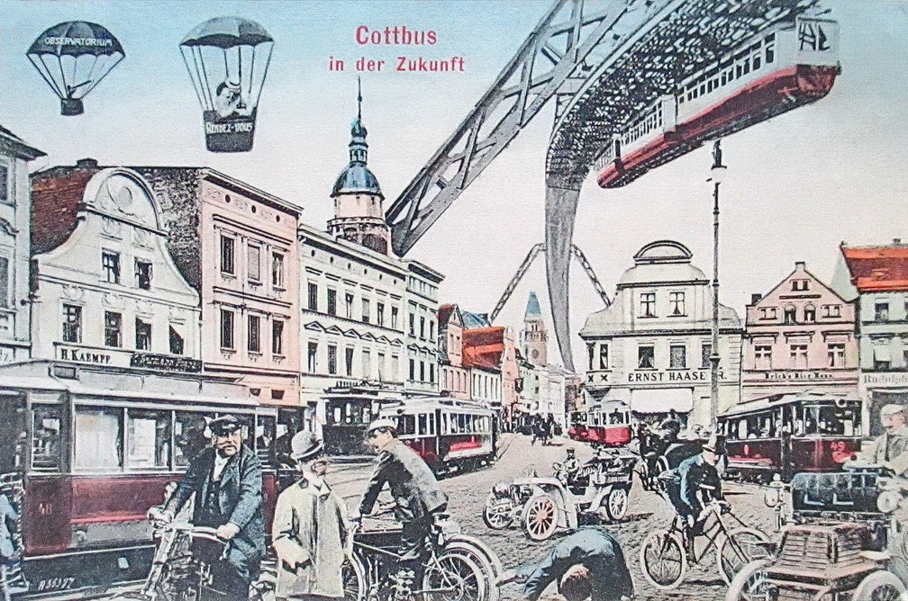1908 Alte AK = Cottbus = In der Zukunft Zukunftskarte Verkehr = 1908