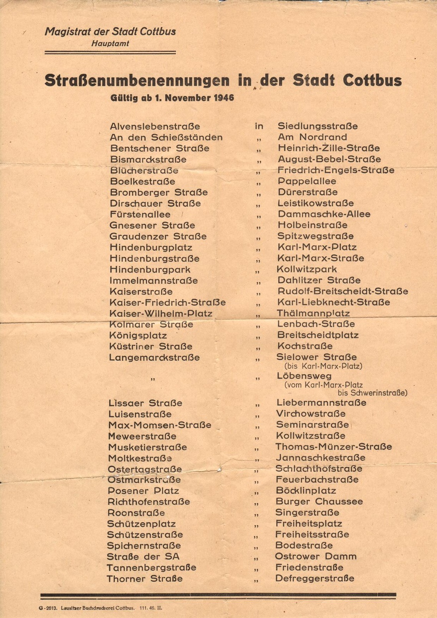 1946-11-01 Straßenumbennungen in Cottbus (Stadtplan-Einlegeblatt)