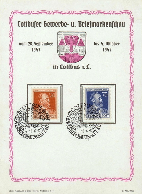 Briefmarken-Ersttagsblatt der "Cottbuser Gewerbe- u. Briefmarkenschau vom 28. September - 04. Oktober 1947" (108 Gierach`s Druckerei, Cottbus 837)